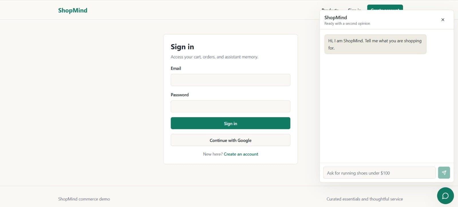 ShopMind e-commerce site with embedded AI shopping assistant